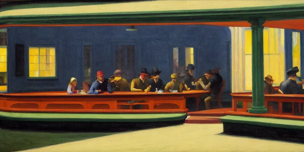 Image similar to painting, view from inside edward hopper's painting nighthawks, of a group of werebears robbing a bank, foggy