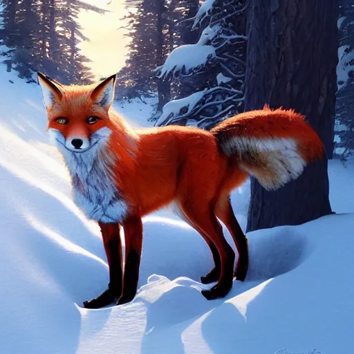 Prompt: sargent and leyendecker and greg hildebrandt, portrait of a fox in the snow, stephen bliss, unreal engine, fantasy art by greg rutkowski, loish, rhads, ferdinand knab, makoto shinkai, ilya kuvshinov, rossdraws, global illumination, radiant light, detailed and intricate environment