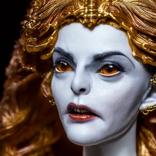 Image similar to photo taken of an epic intricate, ultra detailed, super realistic bust of a majestic gracious regal beautiful aristocratic victorian female vampire stop motion puppet created by weta workshop, menacing, some zoomed in shots, photorealistic, sharp focus, white wall, extremely cold blueish colour temperature, 3 5 mm, f 1. 4, golden ratio