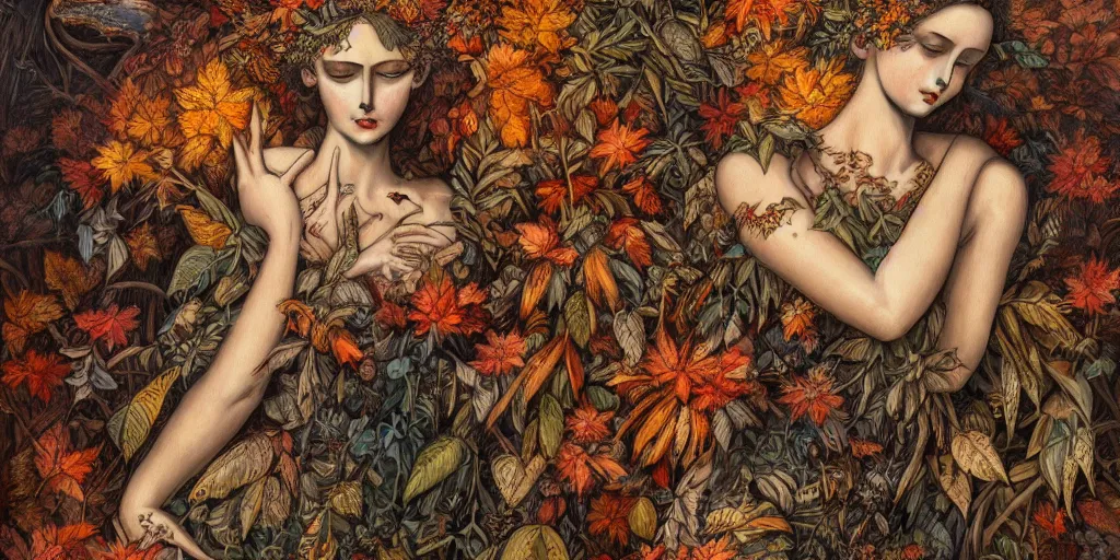 Prompt: breathtaking detailed concept art painting of goddesses of autumn by beto val, vintage illustration pattern with bizarre compositions blend of plants and stems and leaves, exquisite detail, extremely moody lighting, 8 k