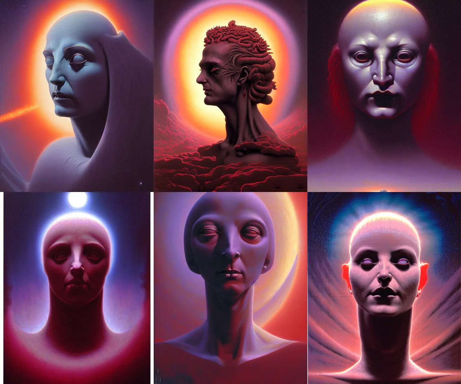 Prompt: cinematic masterpiece bust portrait of a gothic demon goddess of morning, head and bust only, by Wayne Barlowe, by Storm Thorgerson, by Tim Hildebrandt, by Bruce Pennington, by Zdzisław Beksiński, by Paul Lehr, oil on canvas, masterpiece, trending on artstation, featured on pixiv, cinematic composition, astrophotography, dramatic pose, beautiful lighting, sharp, details, details, details, hyper-detailed, no frames, HD, HDR, 4K, 8K