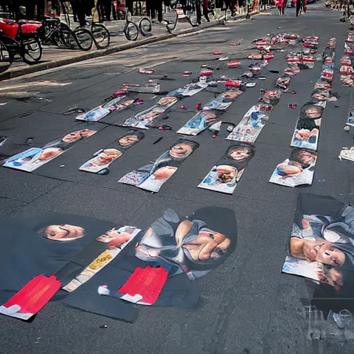 Prompt: beijing photograph cutouts of chinese protesters laying flat litter the streets of beijing, hyperreal - h 6 4 0