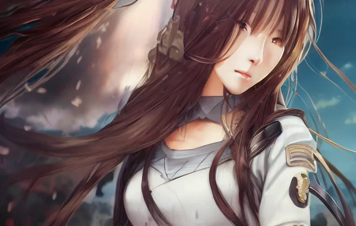 Image similar to under heavy fire, realistic face, infantry girl, anime style, symmetrical facial features long hair, hair down, explosions, wallpaper, from girls frontline, hyper realistic, pale skin, rule of thirds, extreme detail, 4 k, detailed drawing, trending artstation, realistic lighting, trading card, by alphonse mucha, greg rutkowski, sharp focus, backlit