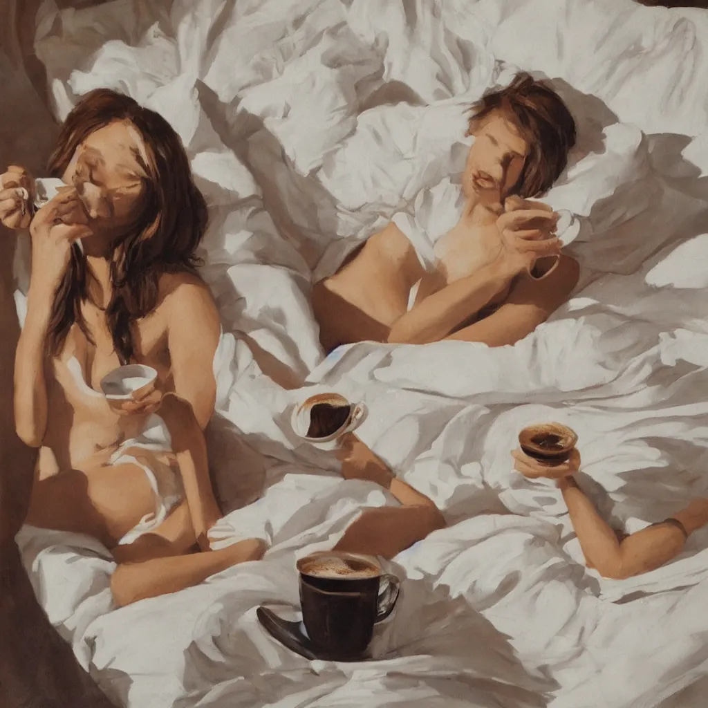 Image similar to a beautiful painting of a beautiful far woman drinking coffee in a bed with white sheets drinking coffee