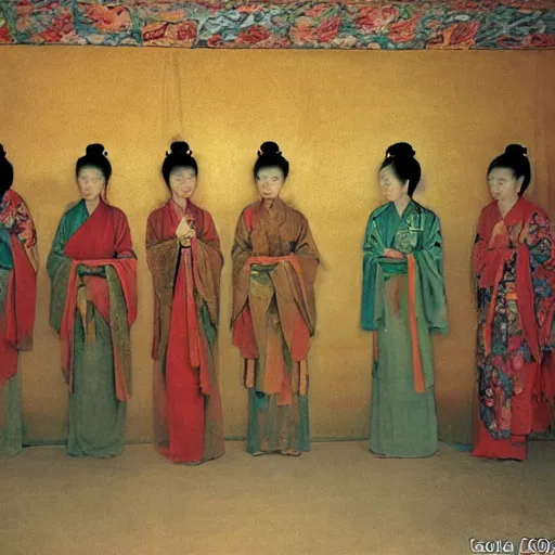 Prompt: High quality realistic photo of a procession of beautiful chinese concubines with beautiful poses and slender classical bodies inside a dark interior chamber in the Mogao Caves filled with ancient beautiful murals and ancient colourful statues and bronze vessels and piles of chinese scrolls; Bill Henson style beautiful lighting, Kodak Ektar, colour palette inspired by Paul Gauguin, beautiful and realistic