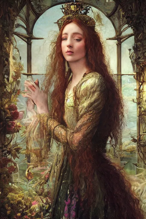 Image similar to elaborately hyperdetailed pre-raphaelite illustration of an extremely beautiful regal woman with an imponent crown, eerie mist and ethereal pink bubbles, Aetherpunk, atmospheric lighting, bright background, moonlight, high fantasy professionally painted digital art painting, smooth, sharp focus, highly detailed illustration highlights, backlight, golden ratio, 8K detail post-processing, symmetrical facial features, rich deep moody colors, award winning picture, Daily Deviation on DeviantArt, trending on cgsociety, featured on ArtstationHQ, very coherent symmetrical artwork, concept art