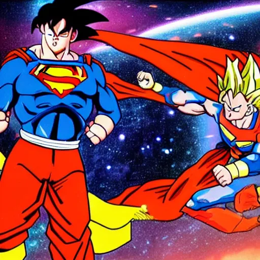 Prompt: 3 5 mm photo of goku fighting with superman on space as background, on an very epic cinematic