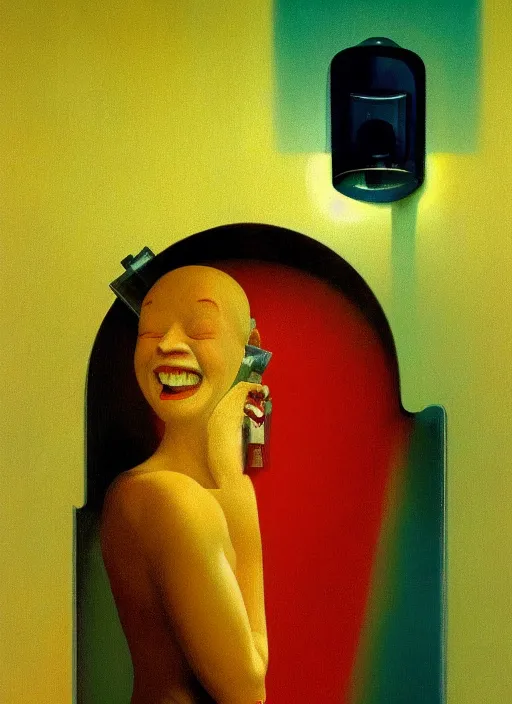 Prompt: woman with a traffic light head laughing Edward Hopper and James Gilleard, Zdzislaw Beksinski highly detailed