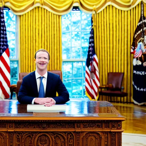 Image similar to Mark Zuckerberg the president of the united states sitting in the oval office, EOS-1D, f/1.4, ISO 200, 1/160s, 8K, RAW, unedited, symmetrical balance, in-frame, Photoshop, Nvidia, Topaz AI