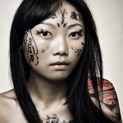 Image similar to 8 k award winning portrait photo of an asian beauty with tribal tattoos