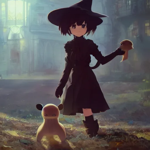 Image similar to full body portrait character concept art, anime key visual of a little witch with her capybara mascot, cinematic lighting, dramatic atmosphere, by dustin nguyen, akihiko yoshida, greg tocchini, greg rutkowski, cliff chiang, 4 k resolution, octane render