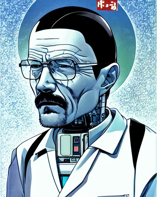 Image similar to portrait of walter white as a robot, cybernetic enhancements, art by makoto shinkai and alan bean, yukito kishiro