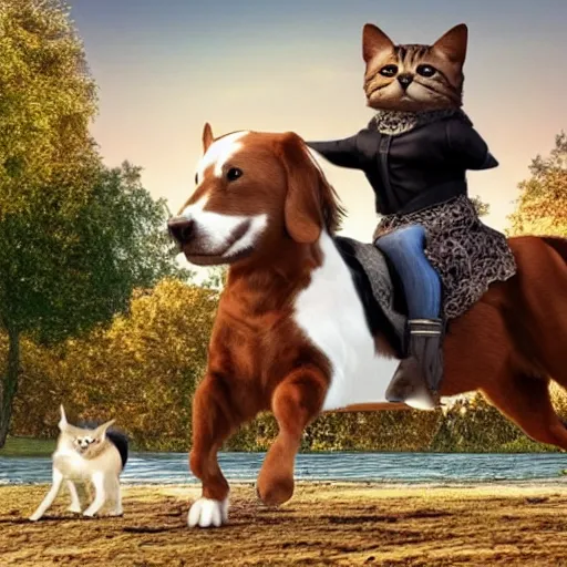 Prompt: a cat riding a dog riding a horse, realistic, 4k