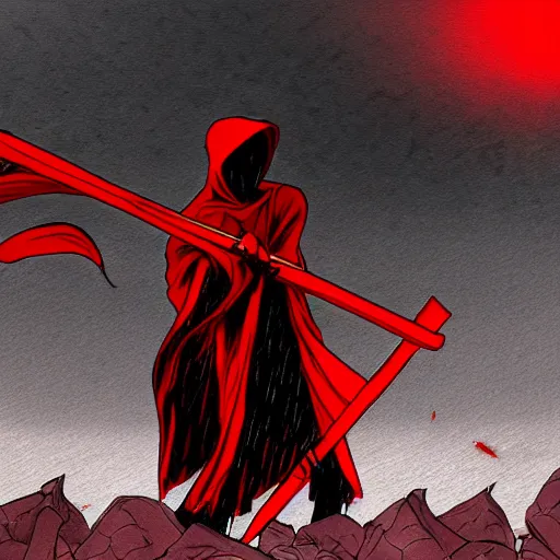 Image similar to red grim reaper holding his scythe in a red thunderstorm, cel shaded, anime art style, highly detailed