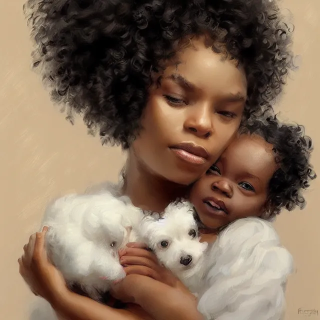 Image similar to 2 0 year old black woman with curly hair, with a small black puppy besides her, and a newborn baby in her arms, portrait, elegant, intricate, digital painting, artstation, concept art, smooth, sharp focus, illustration, art by konstantin korovin and daniel f. gerhartz and john howe