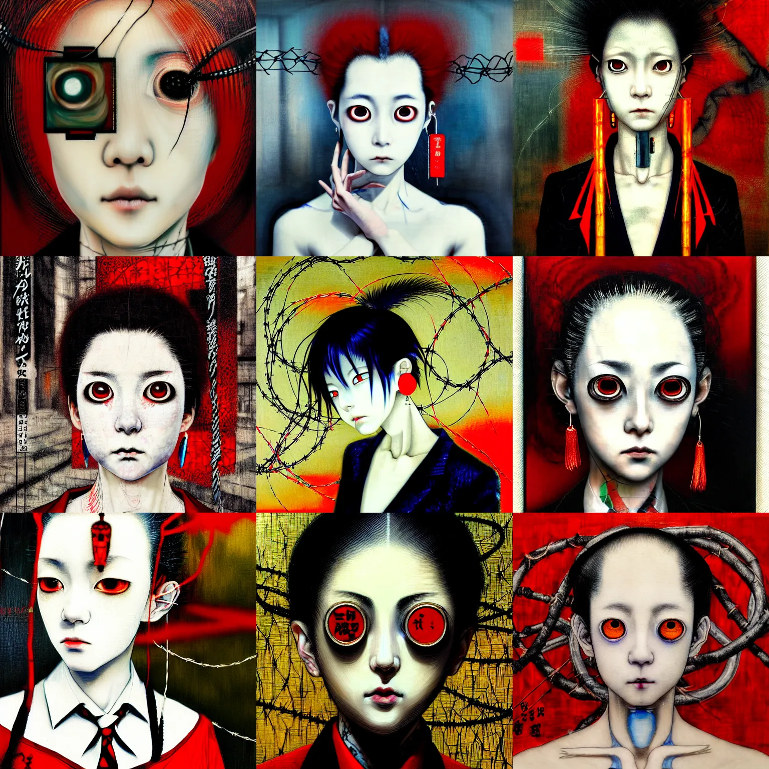 Image similar to yoshitaka amano blurred and dreamy realistic three quarter angle portrait of a sinister young woman with short hair, big earrings, barbed wire and red eyes wearing office suit with tie, junji ito abstract patterns in the background, satoshi kon anime, noisy film grain effect, highly detailed, renaissance oil painting, weird portrait angle, blurred lost edges