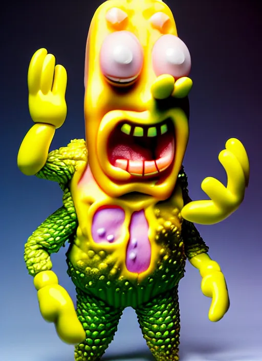 Image similar to hyperrealistic rendering, fat smooth john carpenter flesh monster spongebob by art of skinner and richard corben and jeff easley, product photography, action figure, sofubi, studio lighting, colored gels, colored background