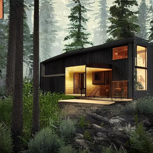 Image similar to modern cabin in the woods. Hyper realistic. Unreal engine. Futuristic