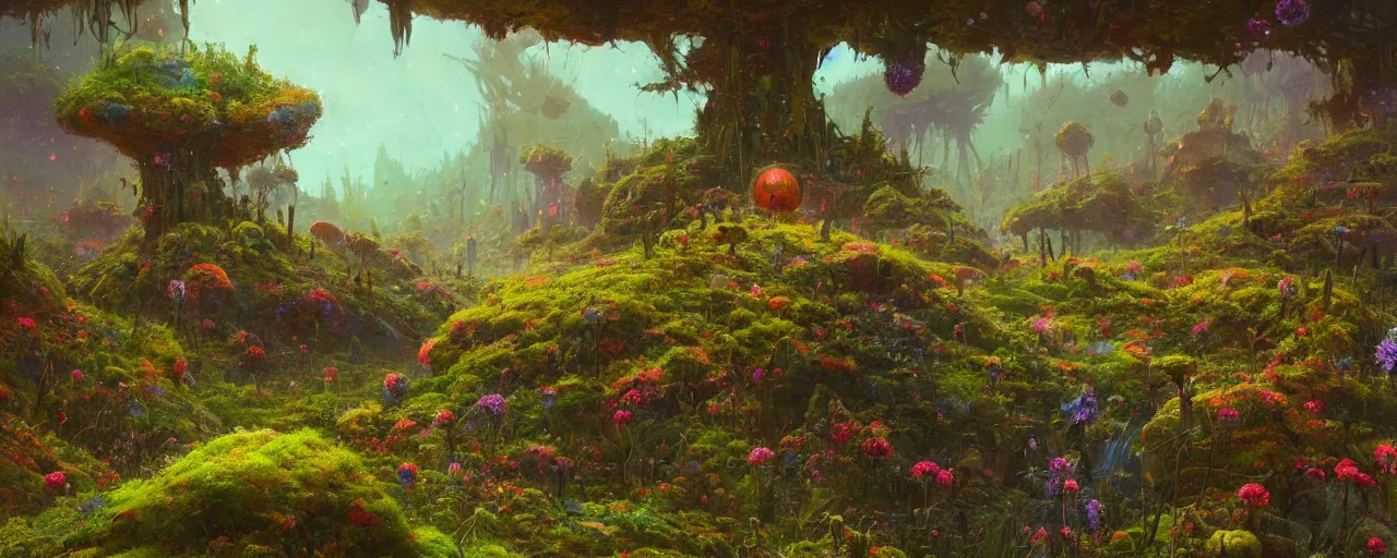 Prompt: ” outer planet overgrown with wild flowers and massive roots, [ art by paul lehr, cinematic, detailed, epic, widescreen, opening, establishing, mattepainting, photorealistic, realistic textures, octane render ] ”