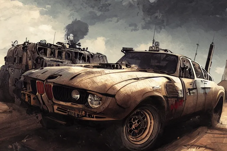 Prompt: dieselpunk digital illustration of mad max's bmw m 1 ( himars ) by makoto shinkai, ilya kuvshinov, lois van baarle, rossdraws, basquiat