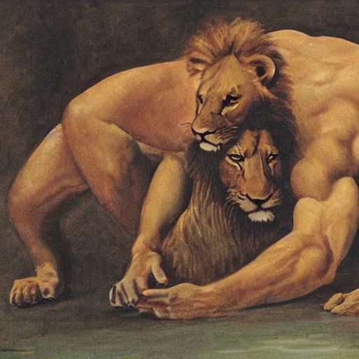 Image similar to man and lion wrestling Art