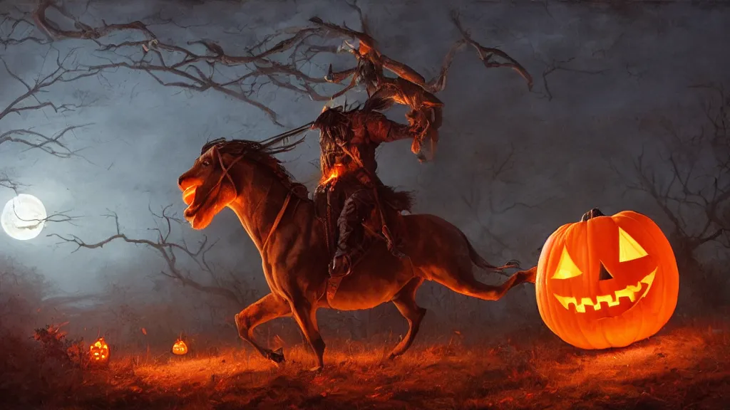 Prompt: a headless!!! colonial rider!!!! holding a jack - o - lantern on lone rampant!!! ( ( black horse ) ) with fiery eyes, background gnarled trees and large supermoon, in the styles of greg rutkowski, keith parkinson, and john quidor, intricate, detailed, volumetric lighting