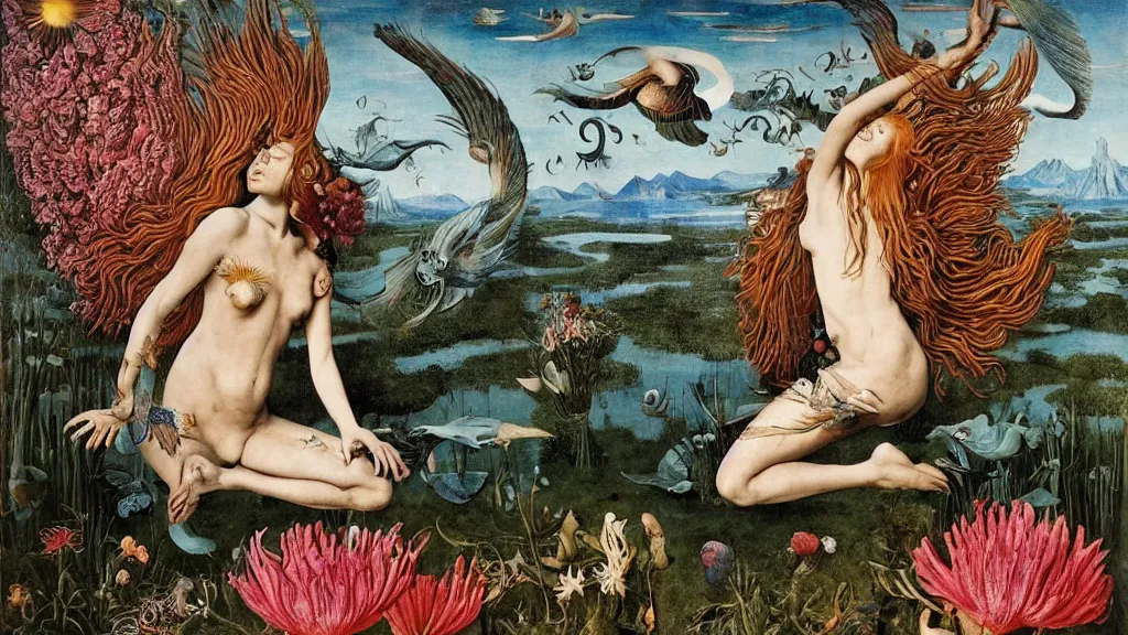 Prompt: a photograph of a meditating harpy mermaid transforming into a beast. she is surrounded by mutated flowers. river delta with mountains under a blue sky full of burning stars. painted by jan van eyck, max ernst, ernst haeckel, ernst fuchs and artgerm. trending on artstation, 8 k resolution, fashion editorial, mythological scene