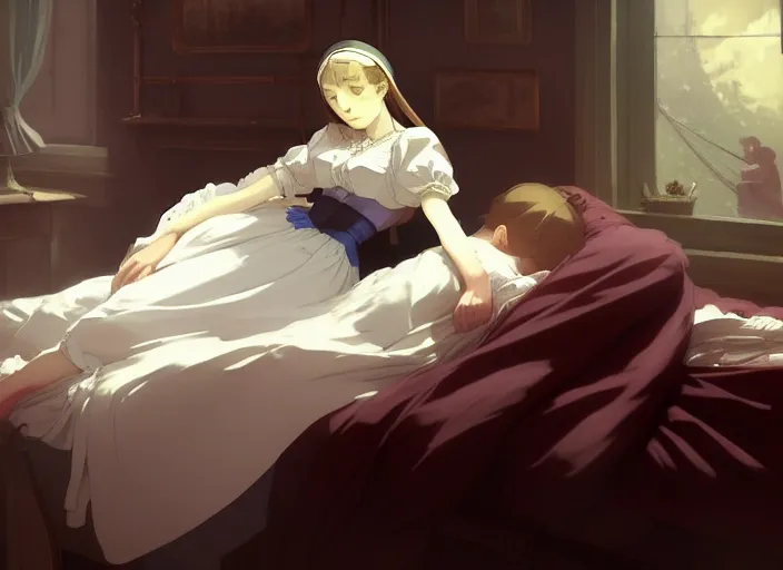 Prompt: victorian britain 1 8 3 6, 1 6 year old florence nightingale, asleep in a luxurious english victorian bedroom, dreaming of becoming a nurse, finely detailed perfect art, gapmoe yandere grimdark, trending on pixiv fanbox, painted by greg rutkowski makoto shinkai takashi takeuchi studio ghibli