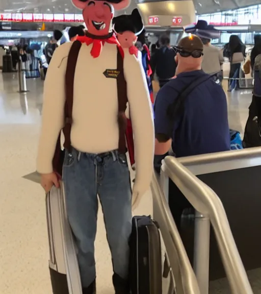 Prompt: human cow mix man at the airport