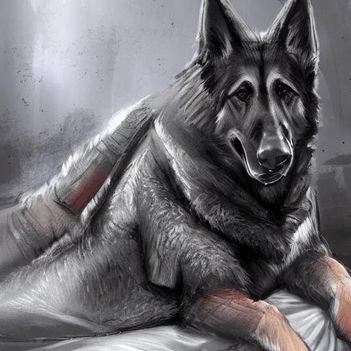 Image similar to a humanoid german shepherd beast - man in military style, sitting on the carpeted floor beside a bed, highly detailed portrait, digital painting, artstation, concept art, smooth, sharp foccus ilustration, artstation