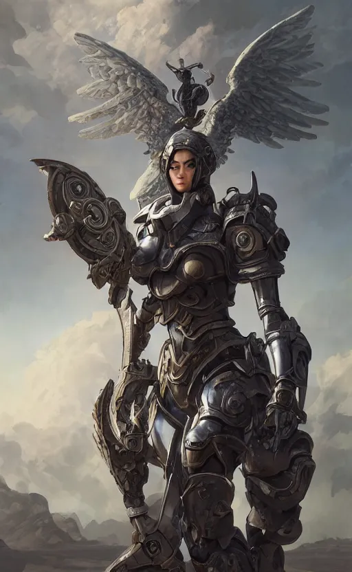 Image similar to battle angel, full armor, full body portrait, gentle, female, ruins landscape, d & d, fantasy, intricate, elegant, highly detailed, digital painting, white gold color palette, artstation, octane render, concept art, matte, sharp focus, illustration, hearthstone, art by artgerm and greg rutkowski and alphonse mucha