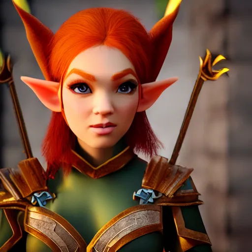 Image similar to beautiful redhead elf, warrior outfit, clash royal style characters, unreal engine 5, octane render, detailed, cinematografic, cinema 4 d