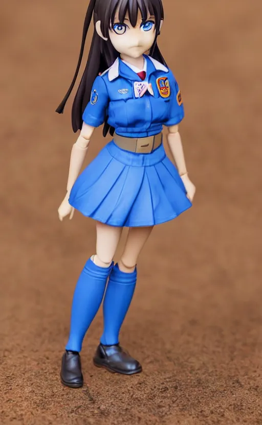 Prompt: toy photo, realistic face, school uniform, portrait of the action figure of a girl, anime character anatomy, 3d printed, plastic and fabric, small blue eyes, figma by good smile company, collection product, dirt and smoke background, flight squadron insignia, realistic military gear, 70mm lens, round elements, photo taken by professional photographer, trending on instagram, symbology, 4k resolution, low saturation, realistic military carrier