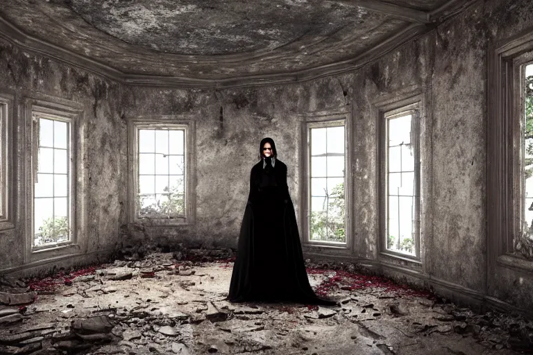 Image similar to A ghostly woman in a long, black victorian dress, standing in the middle of a ruined, abandoned, polish mansion dining hall, seen from inside. Pitch black darkness, A strong red keylight is the only lightsource. Smoke. Dirt, leaves on ground. Octane render. Substance painter. Zbrush. Trending on artstation. 8K. Highly detailed.