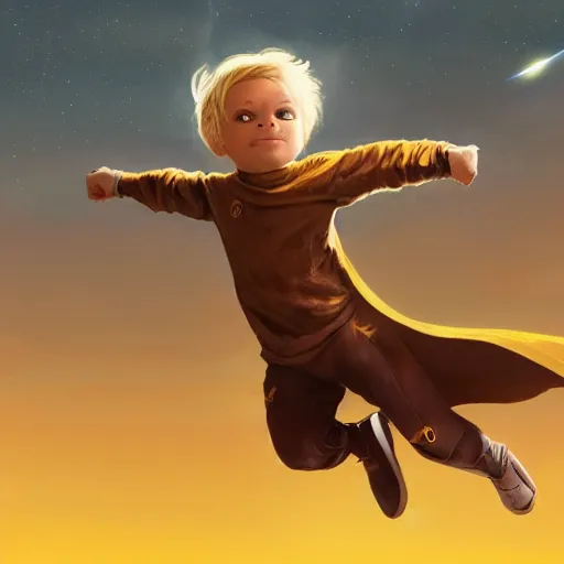 Image similar to blonde boy with bright yellow eyes wearing a brown cape and flying in t pose, space background, greg rutkowski