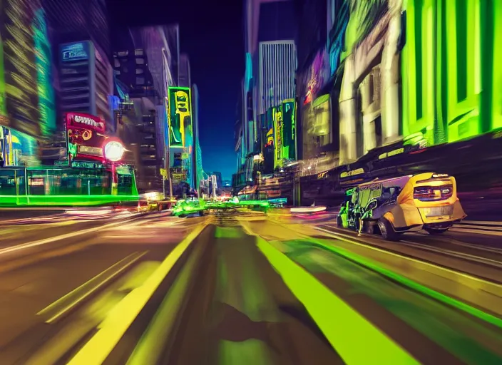 Image similar to a film still of a tonka truck driving in forward direction through a neon green city at night, cinematic