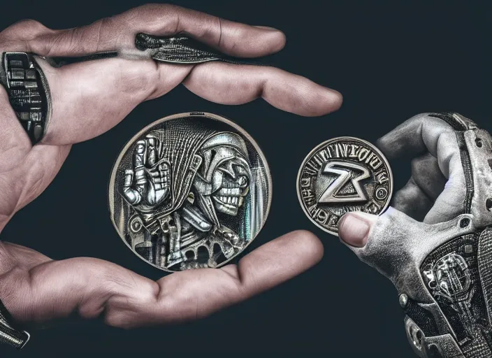 Prompt: cyborg hands holding a coin worth 1 human soul to be traded in hell. centered. horror cyberpunk dystopia style. highly detailed 8 k. intricate. nikon d 8 5 0 3 0 0 mm. award winning photography.