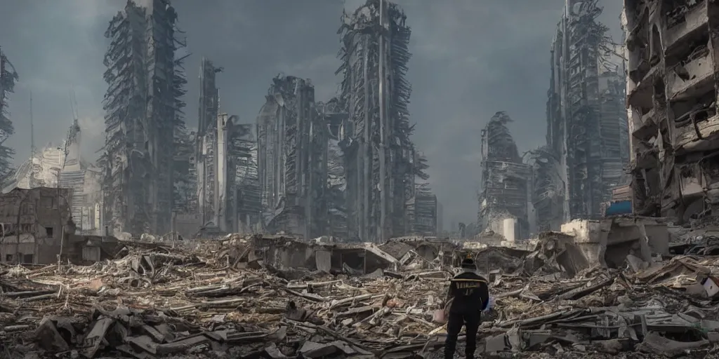 Prompt: one giant minion in the middle of the ruins of cyberpunk moscow after the bombing, a minimum of surviving houses, a dim sky, a dead city