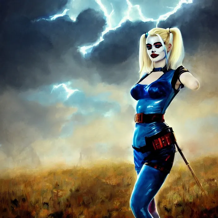 Image similar to portrait of a combination of Ashley Greene, Adriana Dxim, Grace Kelly and Lily Collins with blue hair as Harley Quinn, countryside, calm, fantasy character portrait, dynamic pose, above view, sunny day, thunder clouds in the sky, artwork by Jeremy Lipkin and Giuseppe Dangelico Pino and Michael Garmash and Rob Rey and Greg Manchess and Huang Guangjian, very coherent asymmetrical artwork, sharp edges, perfect face, simple form, 100mm