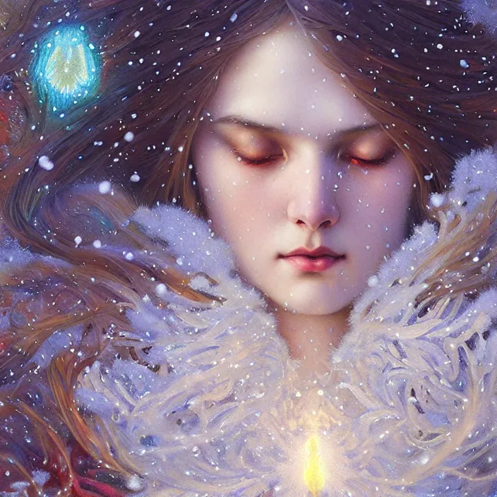 Image similar to psychedelic snowfall Spirit of Christmas, diffuse lighting, fantasy, intricate, elegant, highly detailed, lifelike, photorealistic, digital painting, artstation, illustration, concept art, smooth, sharp focus, art by John Collier and Albert Aublet and Krenz Cushart and Artem Demura and Alphonse Mucha