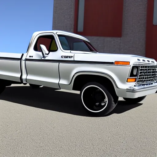 Prompt: Photorealistic 1979 black ford f100 sidestep pickup truck with factory white pin striping