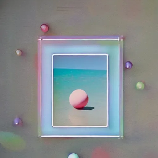 Image similar to a pastel colour high fidelity Polaroid art photo from a holiday album at a seaside with abstract inflatable parachute furniture and spheres, all objects made of transparent iridescent Perspex and metallic silver, no people, iridescence, nostalgic