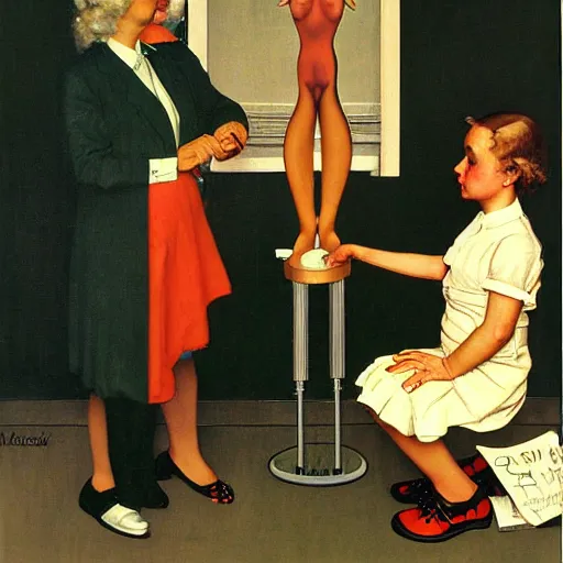 Image similar to A scientist presents the synthetic person she has just made. A painting by Norman Rockwell.