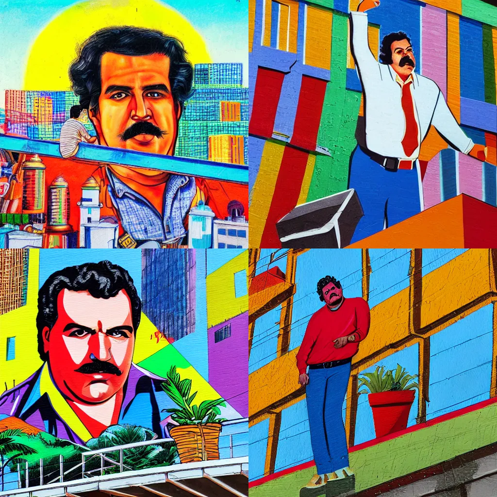 Prompt: pablo escobar on a roof on a high building in los angeles, bright colors, high detail, realistic, modern art,
