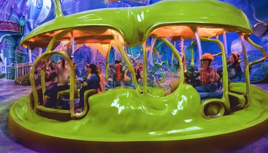 Image similar to 1990s photo of inside the Slime Friends Dangerous Potato Show ride at Universal Studios in Orlando, Florida, riding a face car through a dinner plate planet, cinematic, UHD