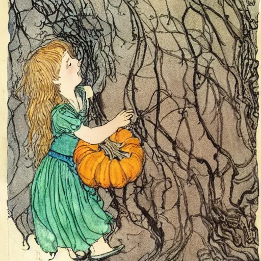 Prompt: a detailed, intricate watercolor and ink illustration with fine lines, of a young girl in a dress climbing a gnarled tree in a pumpkin patch, by arthur rackham and edmund dulac