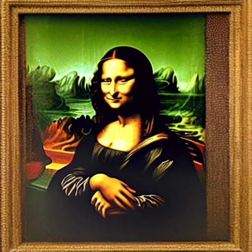 Image similar to Mona Lisa painting a portrait of Leonardo da Vinci in a workshop