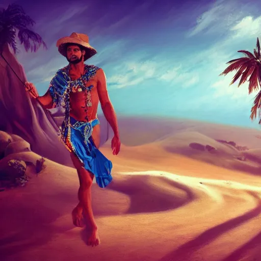 Prompt: gipsy male singer dancing on a desert island, violin in hand, artstation trending, highly detailed, 8 k, intricate