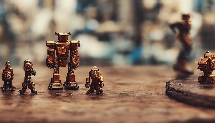 Image similar to miniature figurines of giant rusty robots on an old metal table, HD 8K, depth of field, fstop 1.2, bokeh, dynamic lighting, 50mm lens, 1970s kodak film