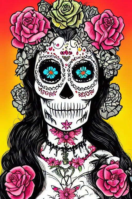 Prompt: Illustration of a sugar skull day of the dead girl, art by brian k vaughan